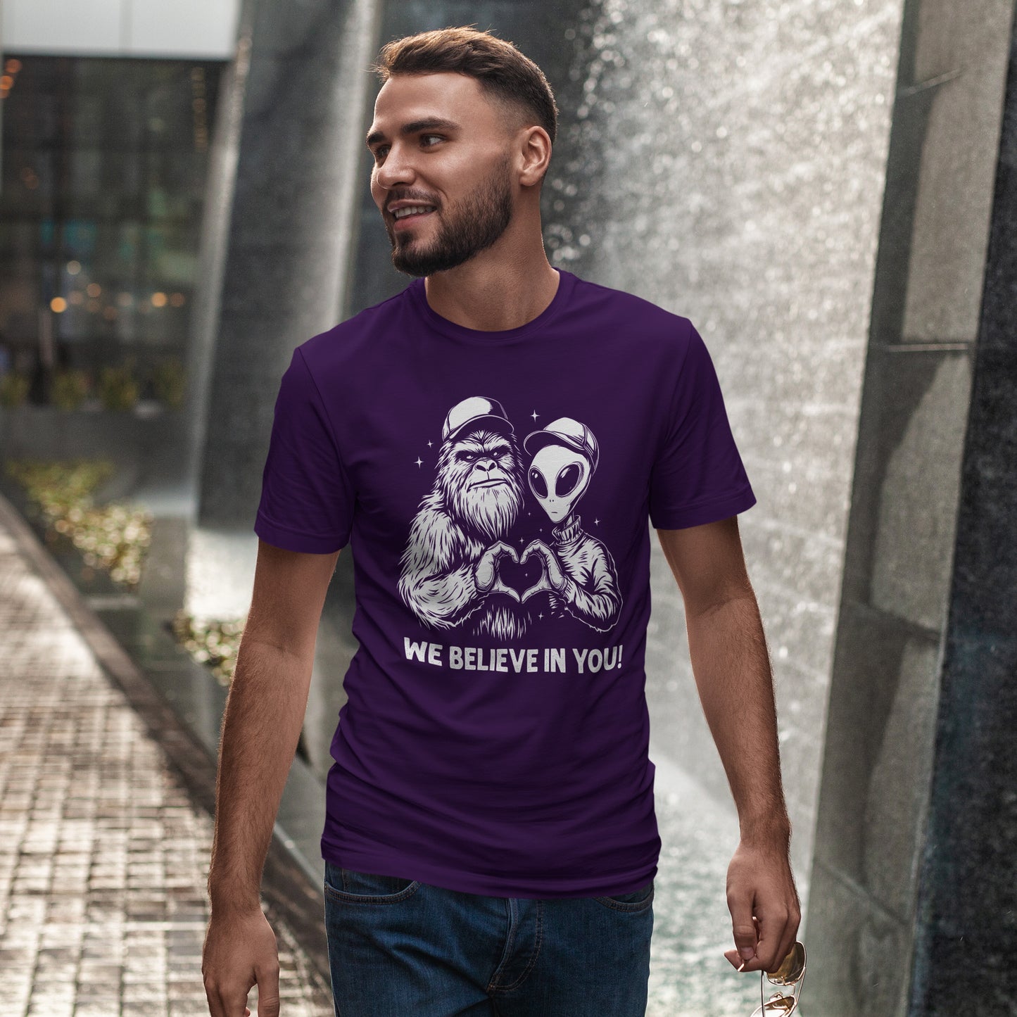 We Believe In You T-Shirt - Bigfoot & Alien Heart Hands Tee