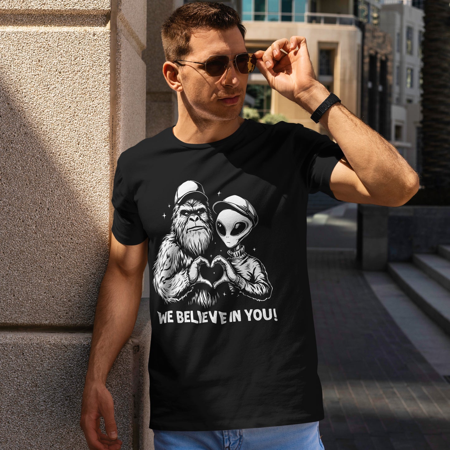 We Believe In You T-Shirt - Bigfoot & Alien Heart Hands Tee
