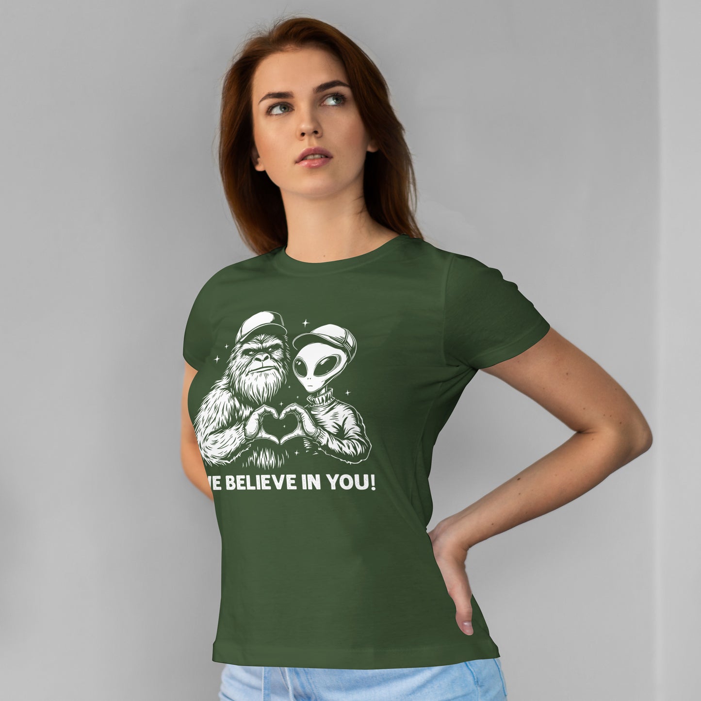 We Believe In You T-Shirt - Bigfoot & Alien Heart Hands Tee
