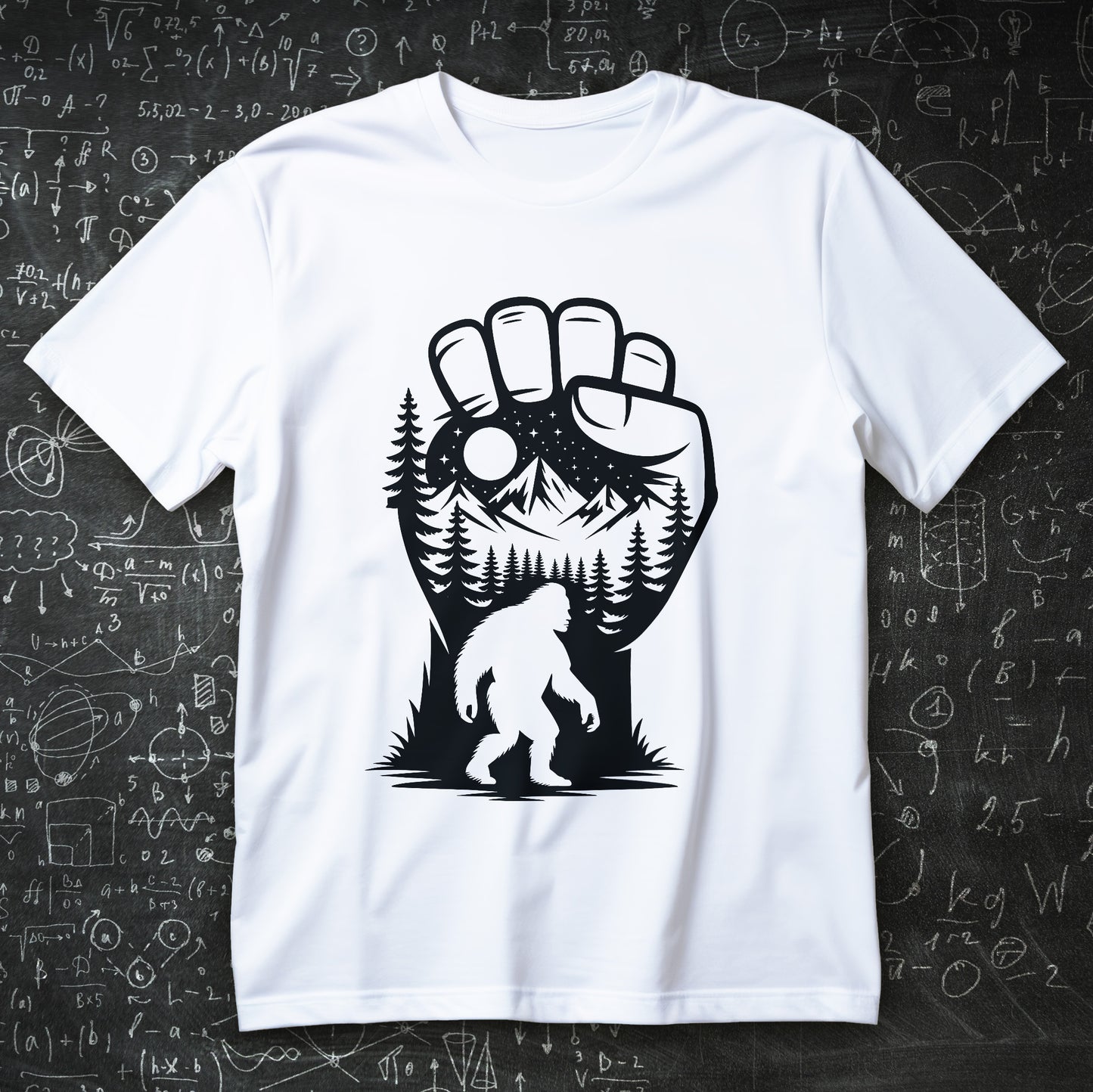 bigfoot forest silhouette t-shirt - sasquatch inside mountain and pine emblem under moon one color graphic