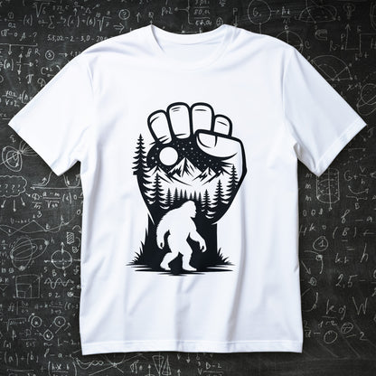 bigfoot forest silhouette t-shirt - sasquatch inside mountain and pine emblem under moon one color graphic