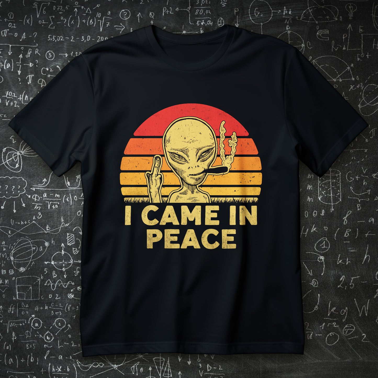 i came in peace alien t-shirt - grey alien with retro sunset sarcastic meme graphic