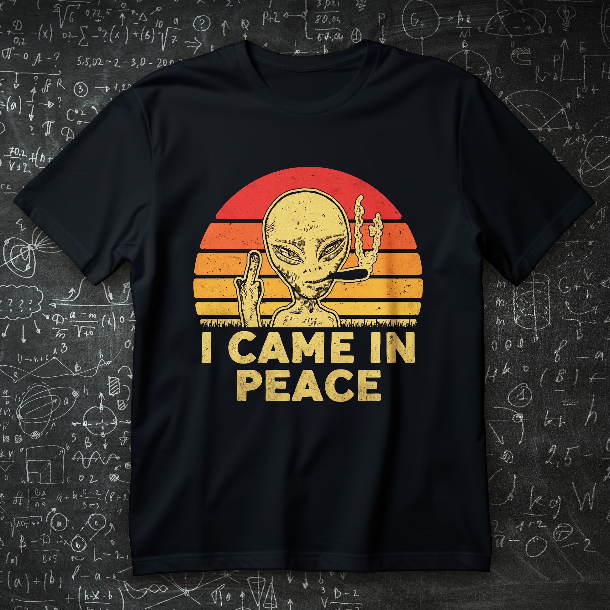 i came in peace alien t-shirt - grey alien with retro sunset sarcastic meme graphic