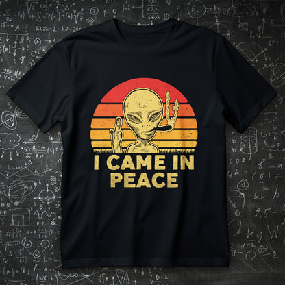 i came in peace alien t-shirt - grey alien with retro sunset sarcastic meme graphic