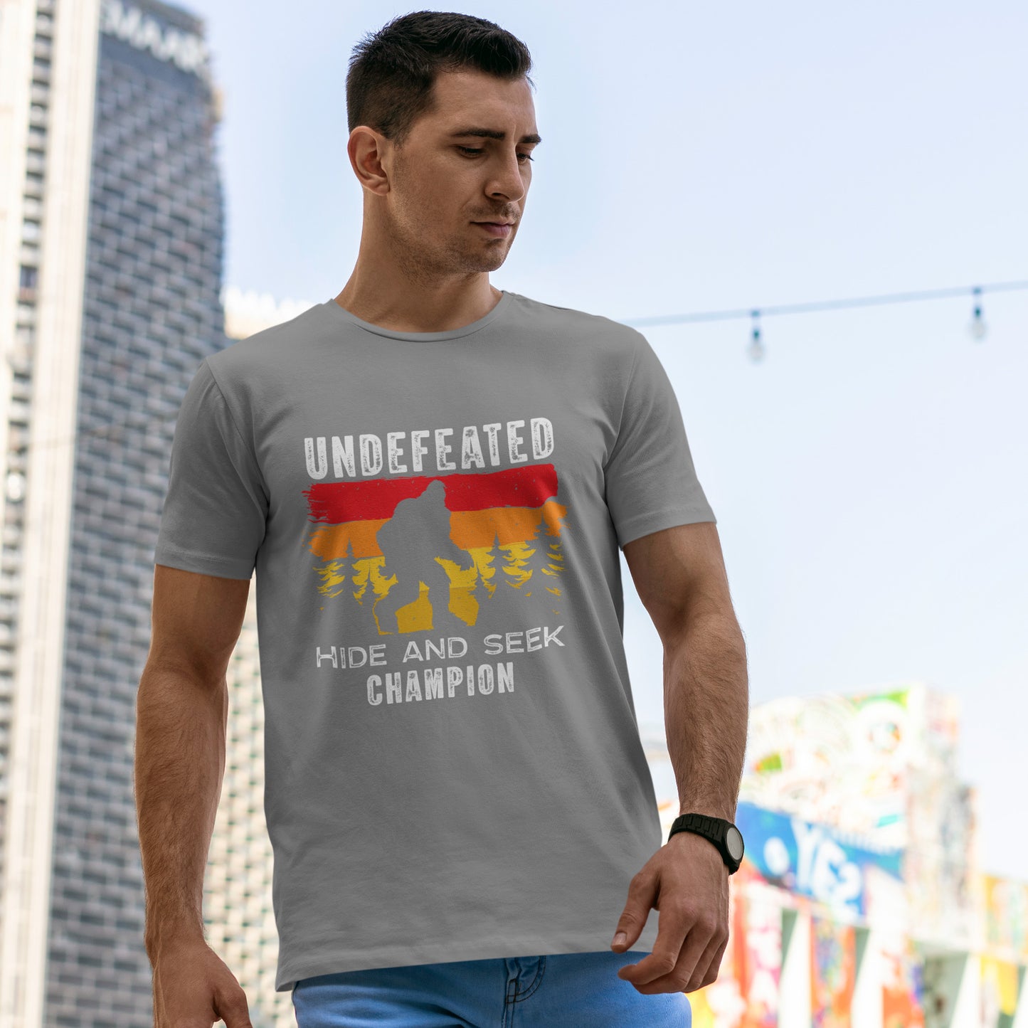 Undefeated Hide and Seek Champion Bigfoot T-Shirt - Retro Sunset Tee