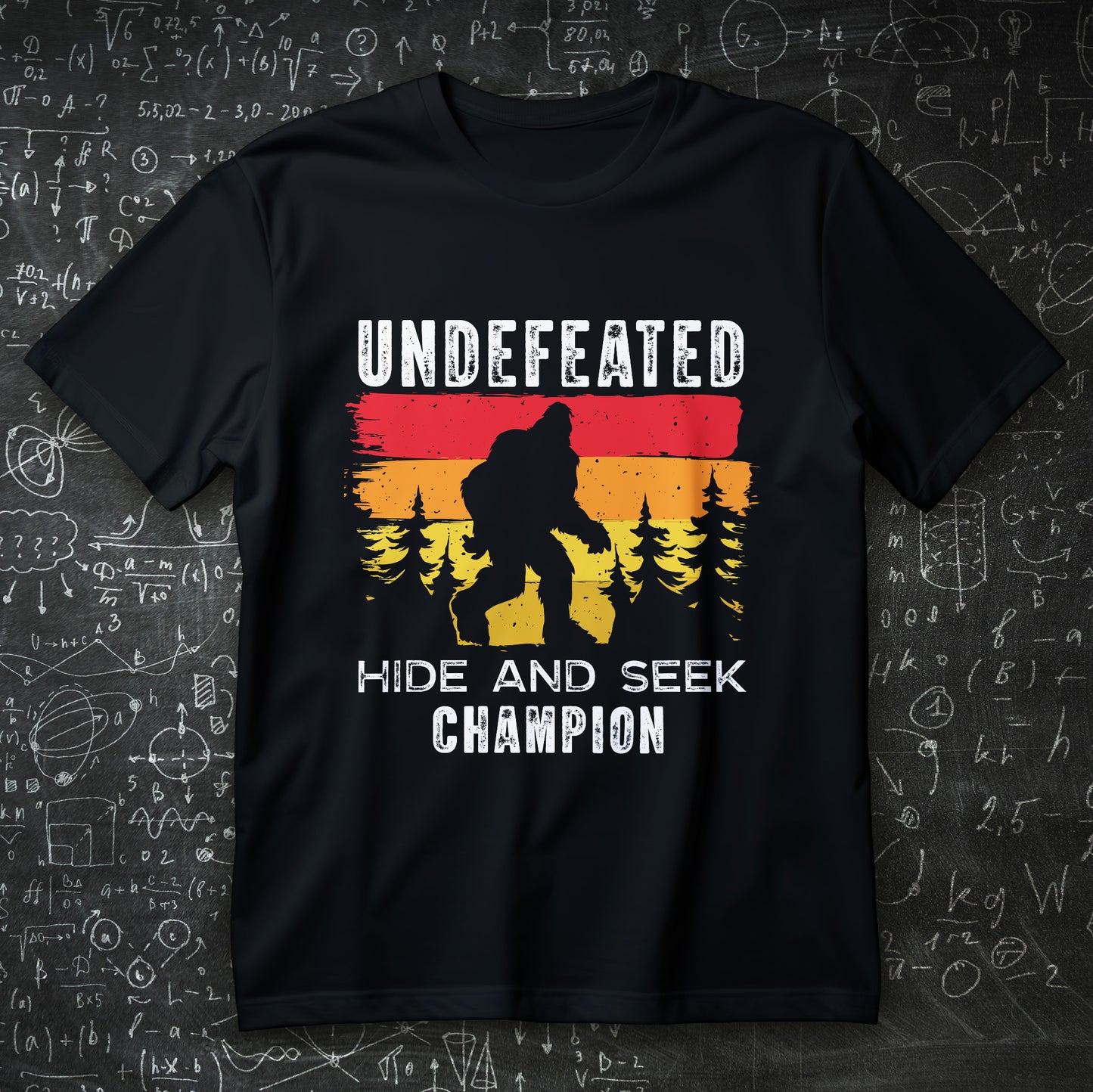 bigfoot hide and seek champion t-shirt - retro sunset forest silhouette funny cryptid tee