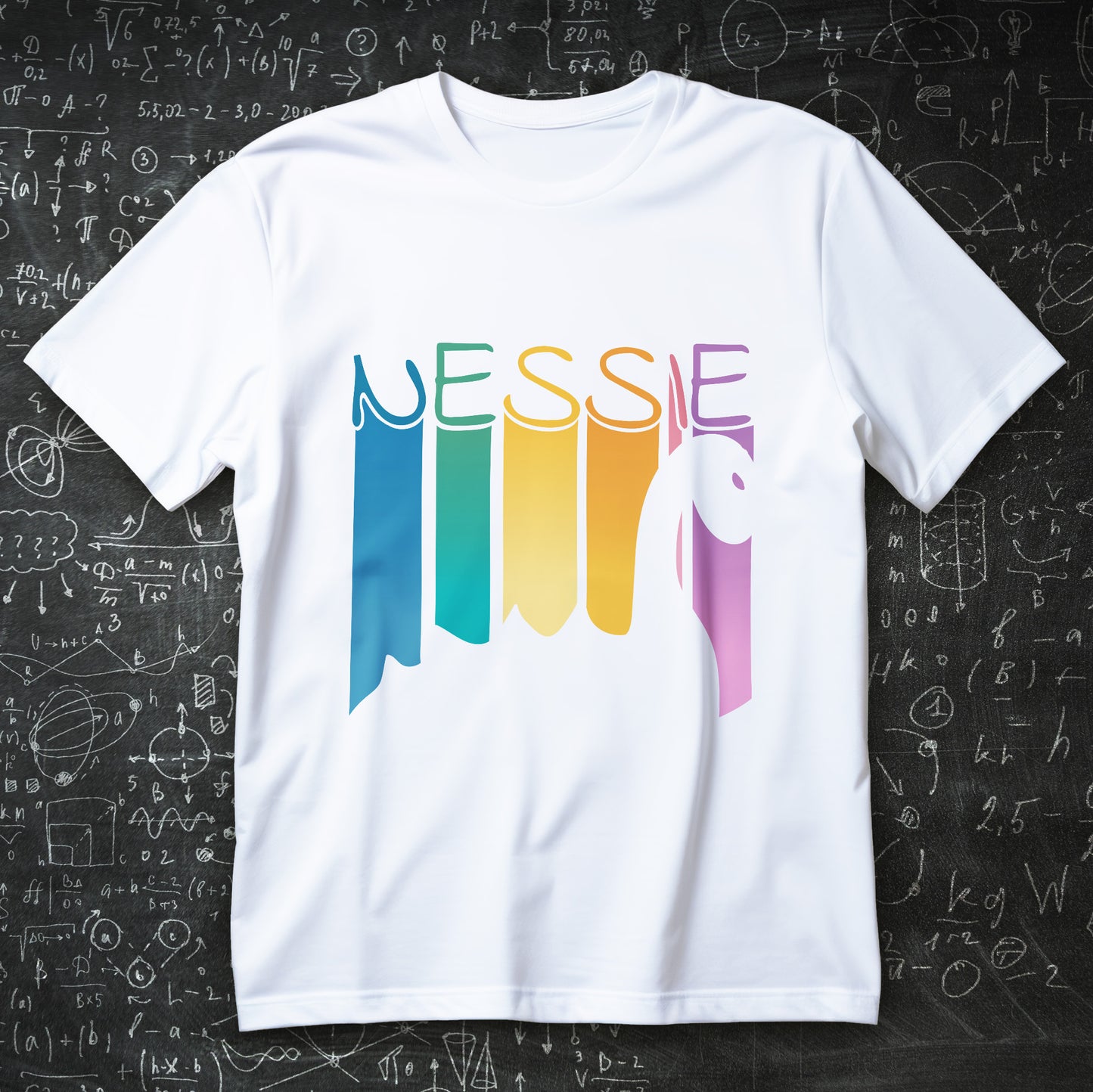nessie t-shirt - loch ness monster retro rainbow stripes minimal silhouette graphic