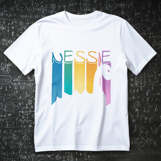nessie t-shirt - loch ness monster retro rainbow stripes minimal silhouette graphic