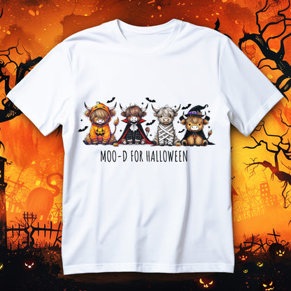 Highland cows Halloween t-shirt with witch, mummy, vampire and pumpkin costumes