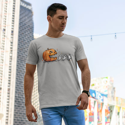 Pumpkin vs Ghosts Halloween T-Shirt - Jack-O-Lantern Chasing Ghosts