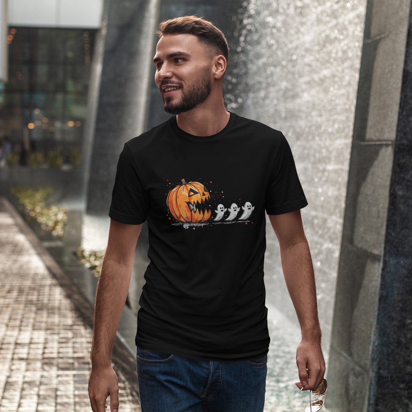Pumpkin vs Ghosts Halloween T-Shirt - Jack-O-Lantern Chasing Ghosts