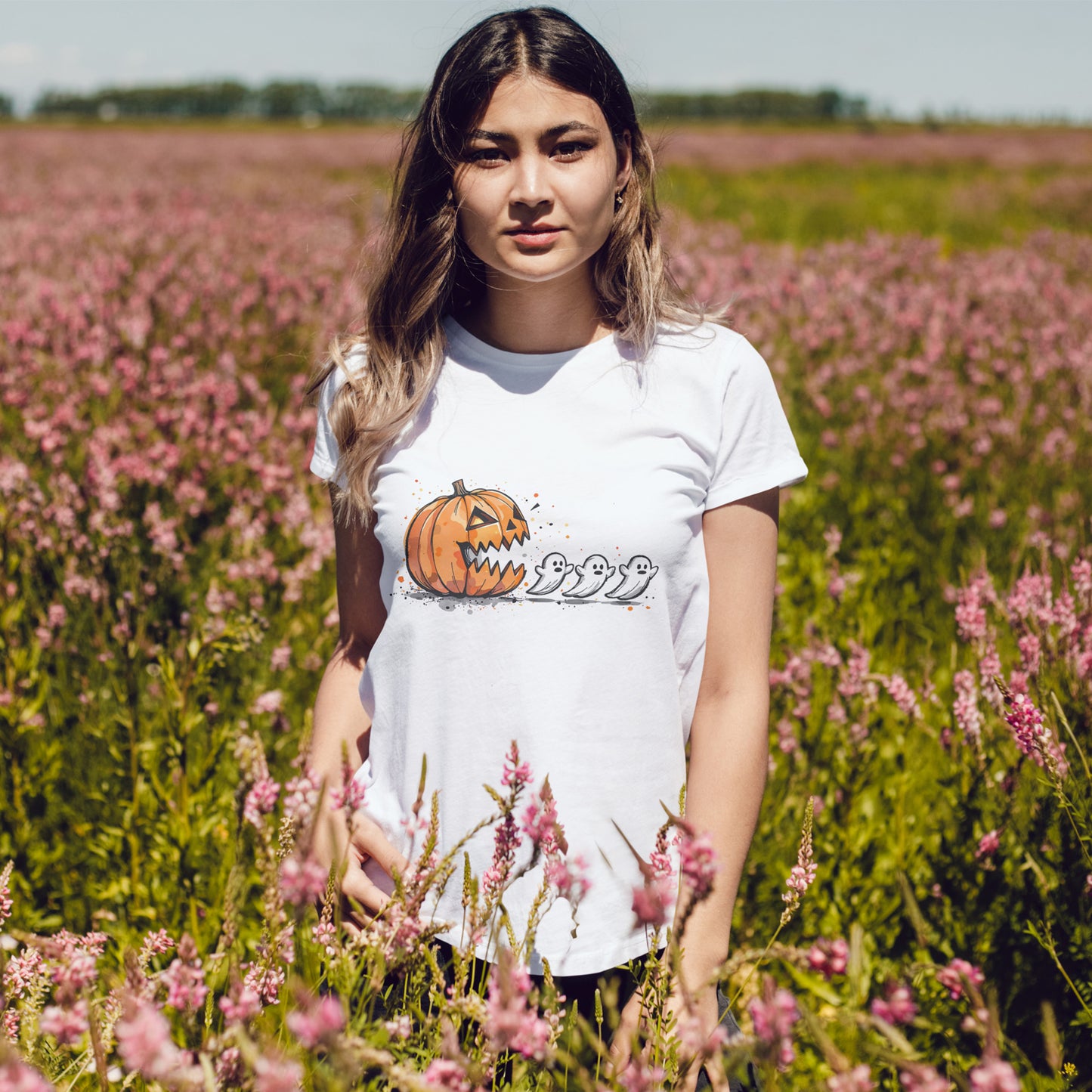 Pumpkin vs Ghosts Halloween T-Shirt - Jack-O-Lantern Chasing Ghosts