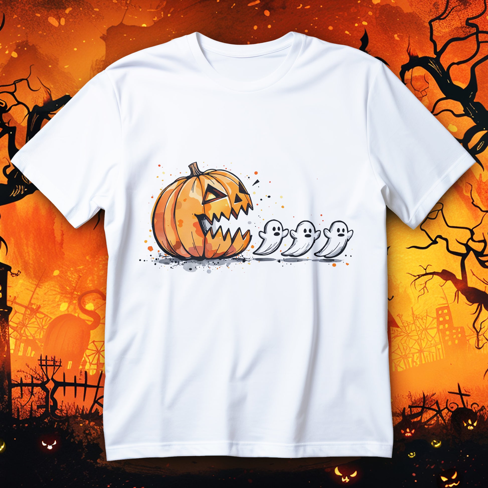 Pumpkin vs Ghosts Halloween T-Shirt with watercolor jack-o’-lantern chasing cute ghosts