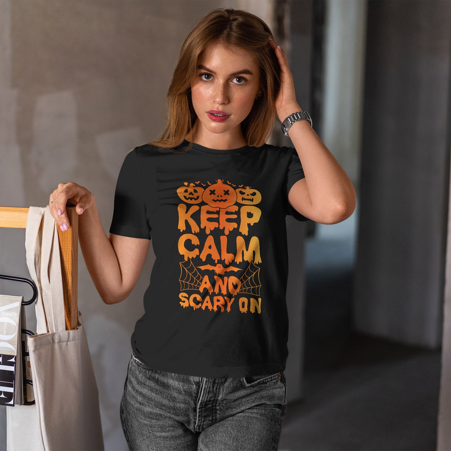 Keep Calm and Scary On - Halloween T-Shirt Pumpkin Bat
