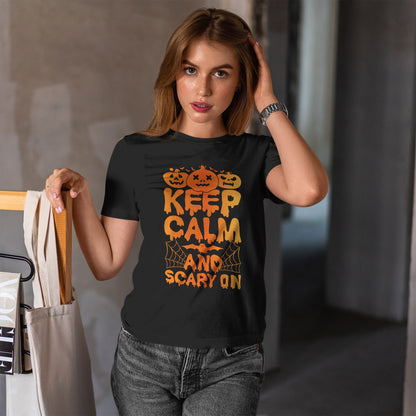 Keep Calm and Scary On - Halloween T-Shirt Pumpkin Bat