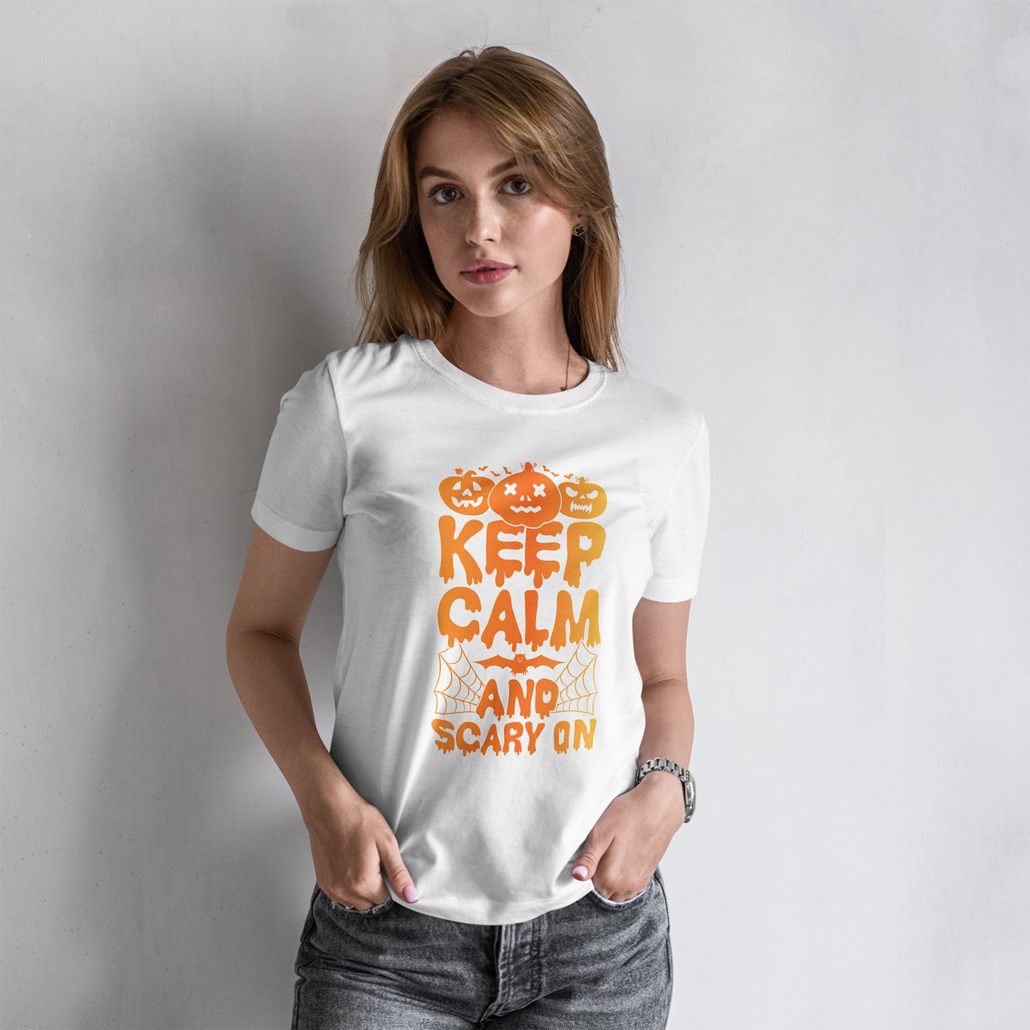 Keep Calm and Scary On - Halloween T-Shirt Pumpkin Bat