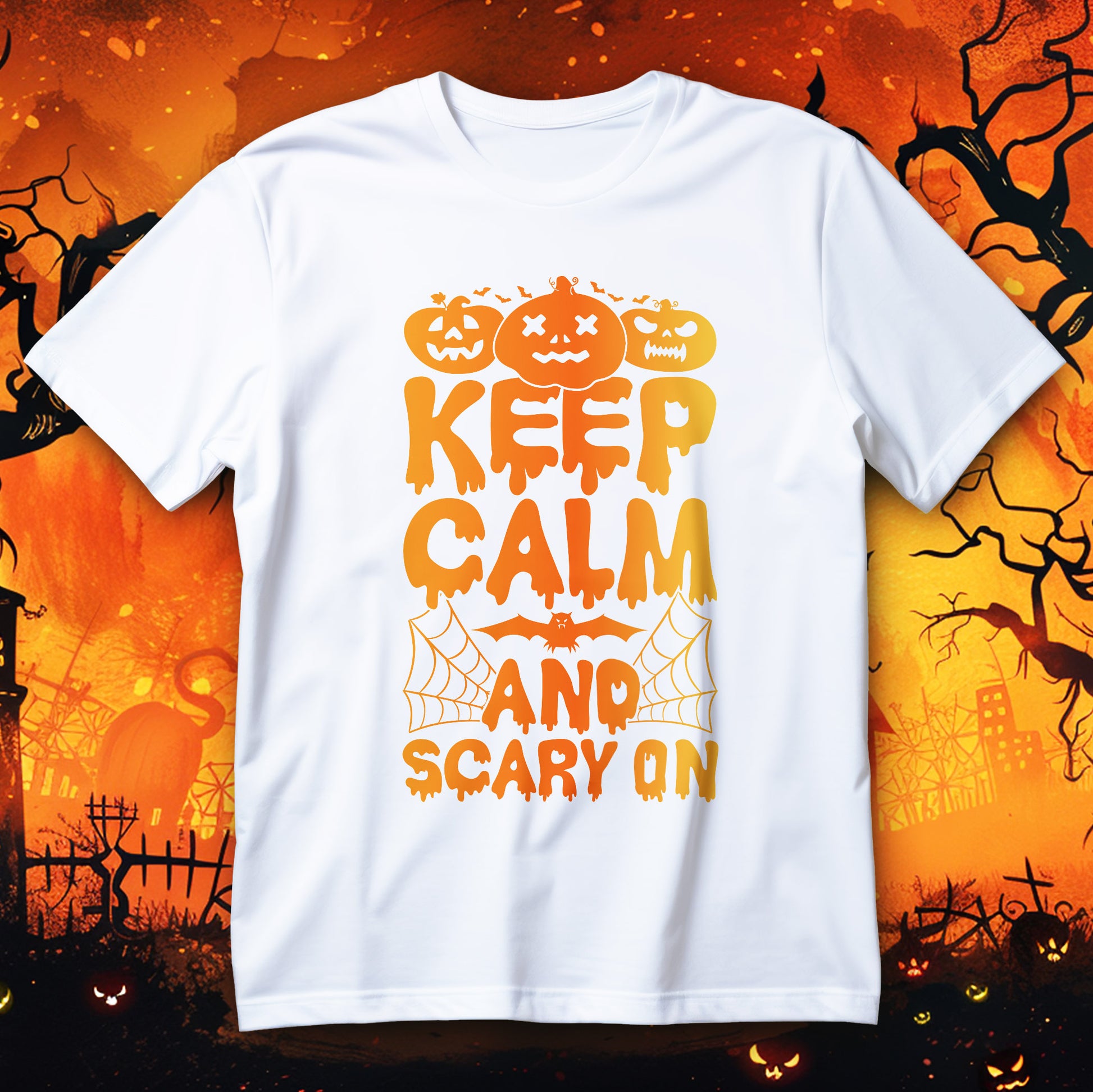 Keep Calm and Scary On Halloween T-Shirt with pumpkin grin, bats and drippy horror font
