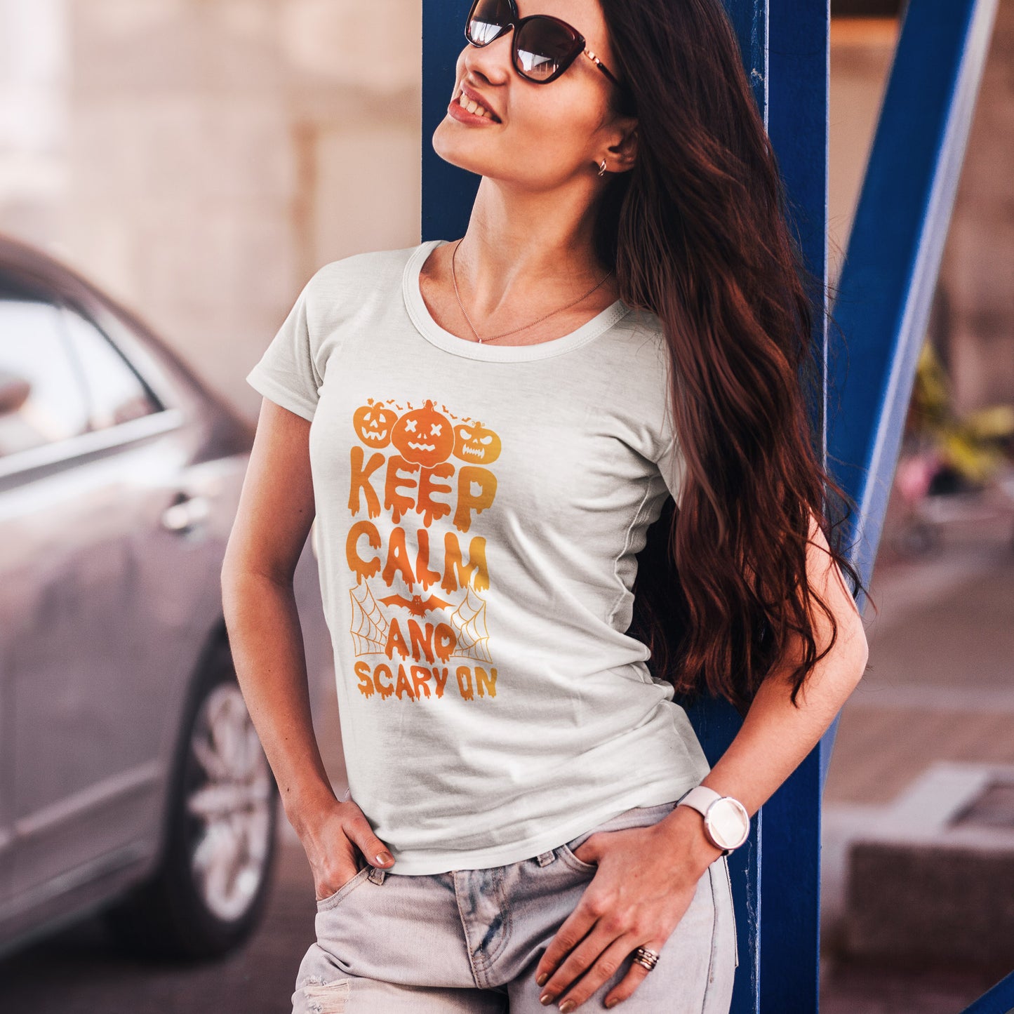 Keep Calm and Scary On - Halloween T-Shirt Pumpkin Bat