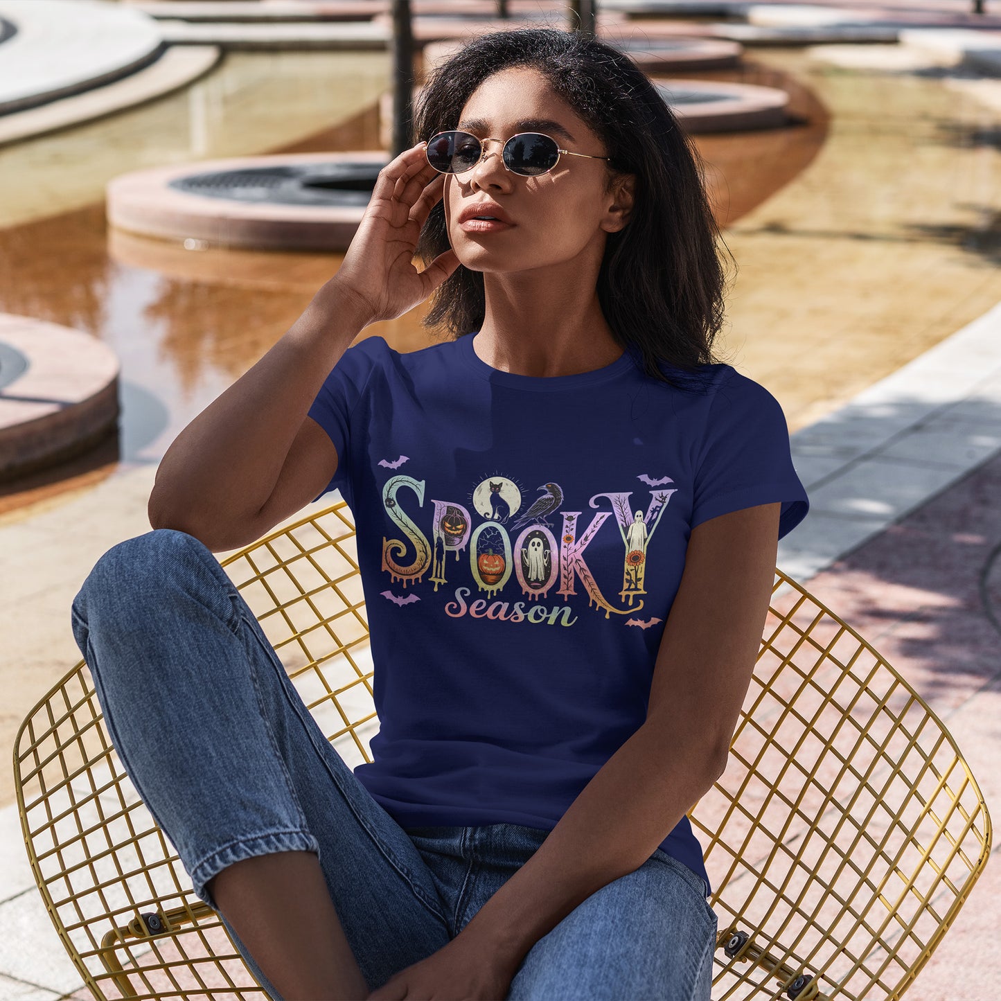 Spooky Season Gothic T-Shirt with Ghosts, Black Cat, Raven & Pumpkins