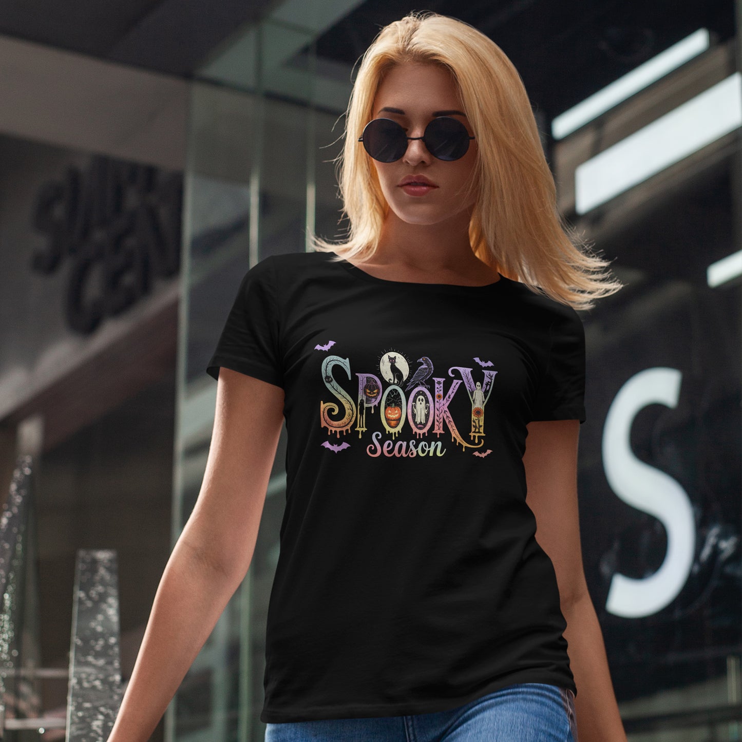 Spooky Season Gothic T-Shirt with Ghosts, Black Cat, Raven & Pumpkins