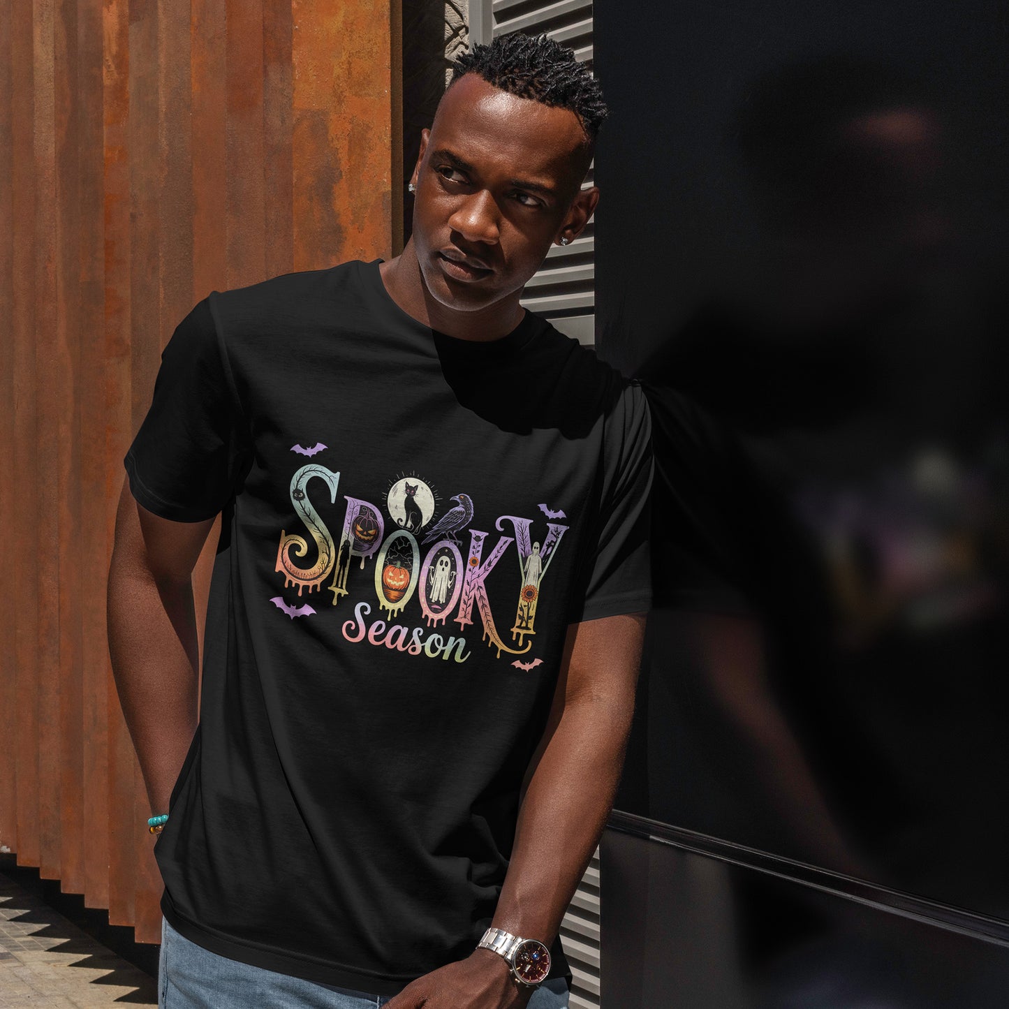 Spooky Season Gothic T-Shirt with Ghosts, Black Cat, Raven & Pumpkins