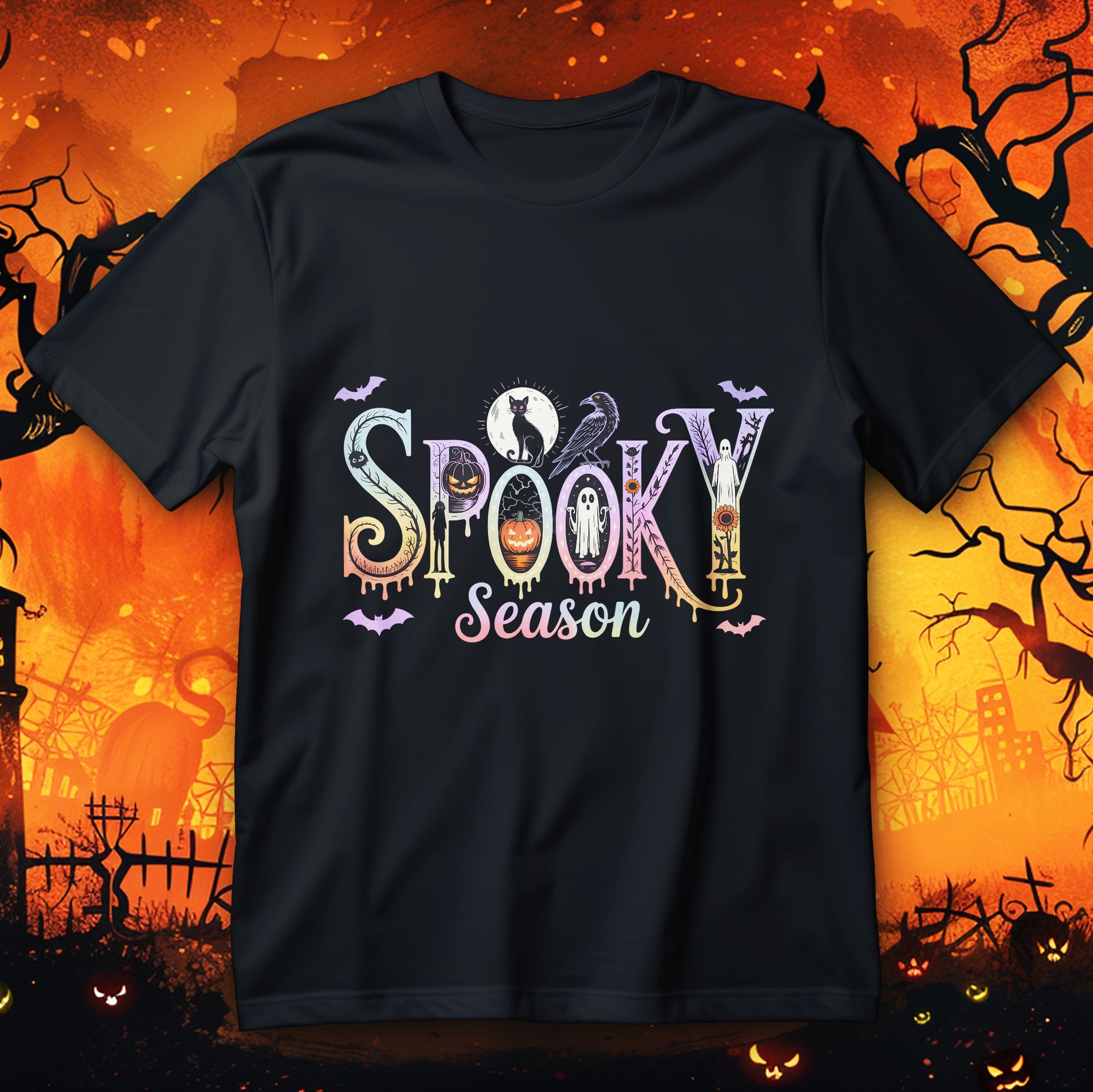 Spooky Season pastel gothic t-shirt with ghosts, black cat, raven and pumpkins