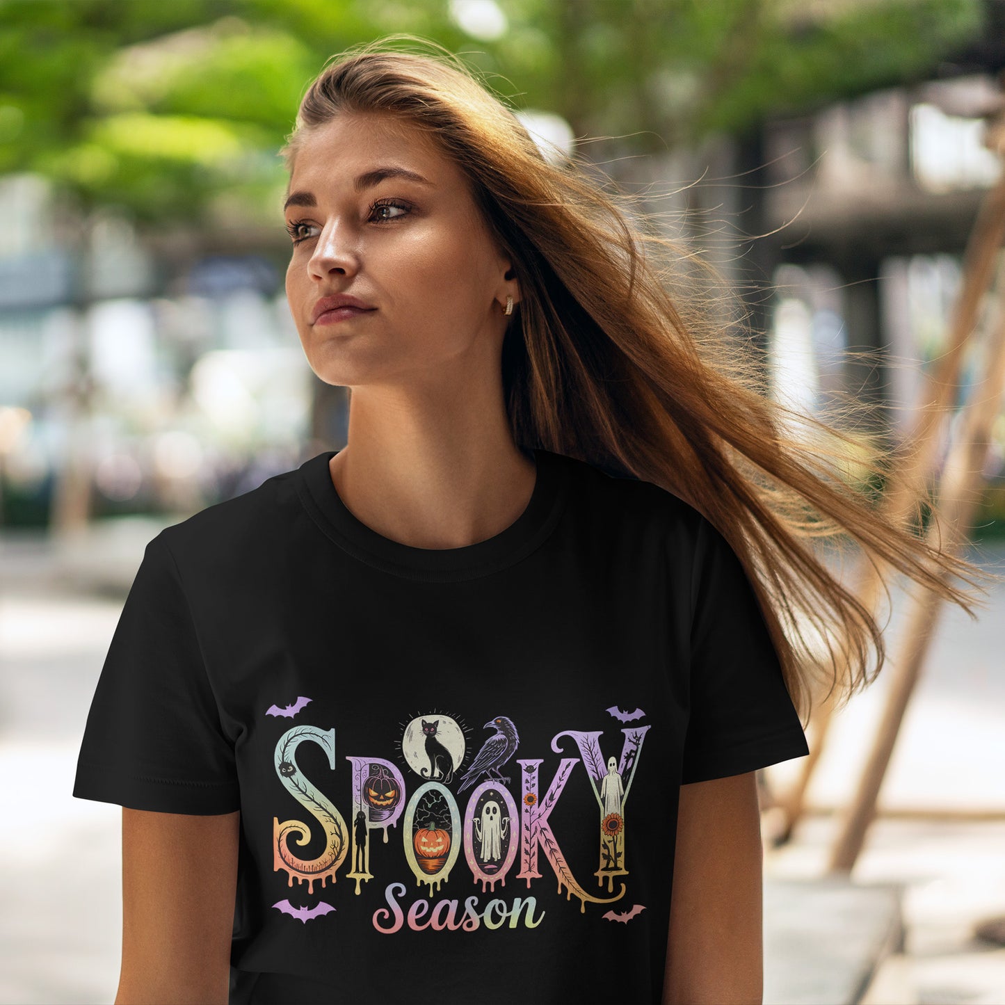 Spooky Season Gothic T-Shirt with Ghosts, Black Cat, Raven & Pumpkins