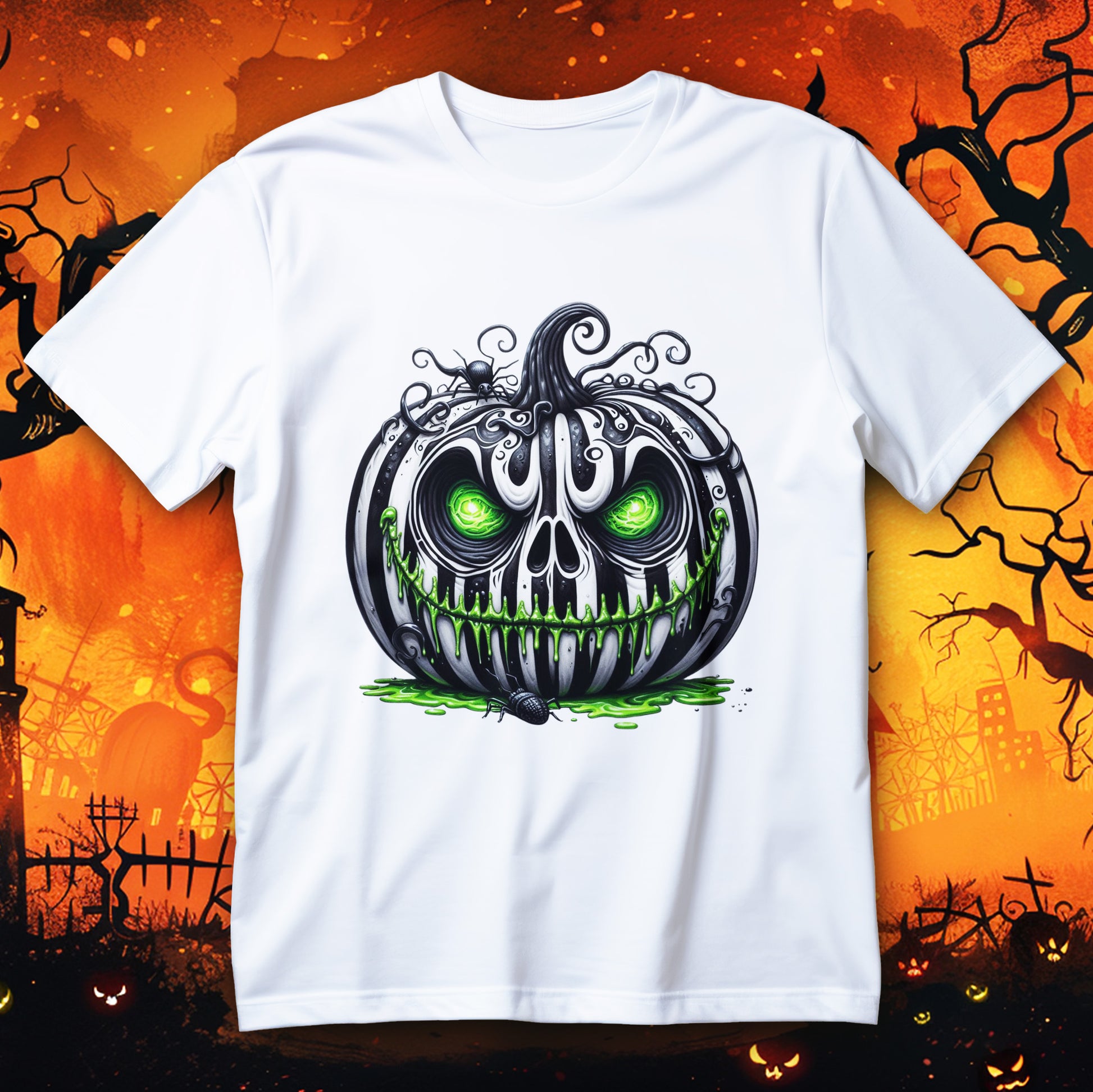 Neon Goo Pumpkin Halloween T-Shirt with striped jack-o’-lantern and neon green eyes