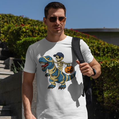 Skeleton Riding T-Rex Halloween T-Shirt - Dinosaur Mummy Wrap Tee