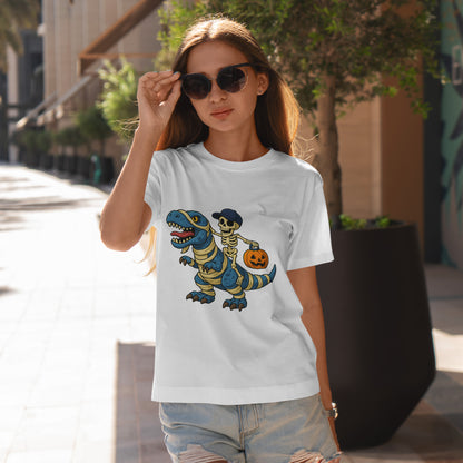 Skeleton Riding T-Rex Halloween T-Shirt - Dinosaur Mummy Wrap Tee