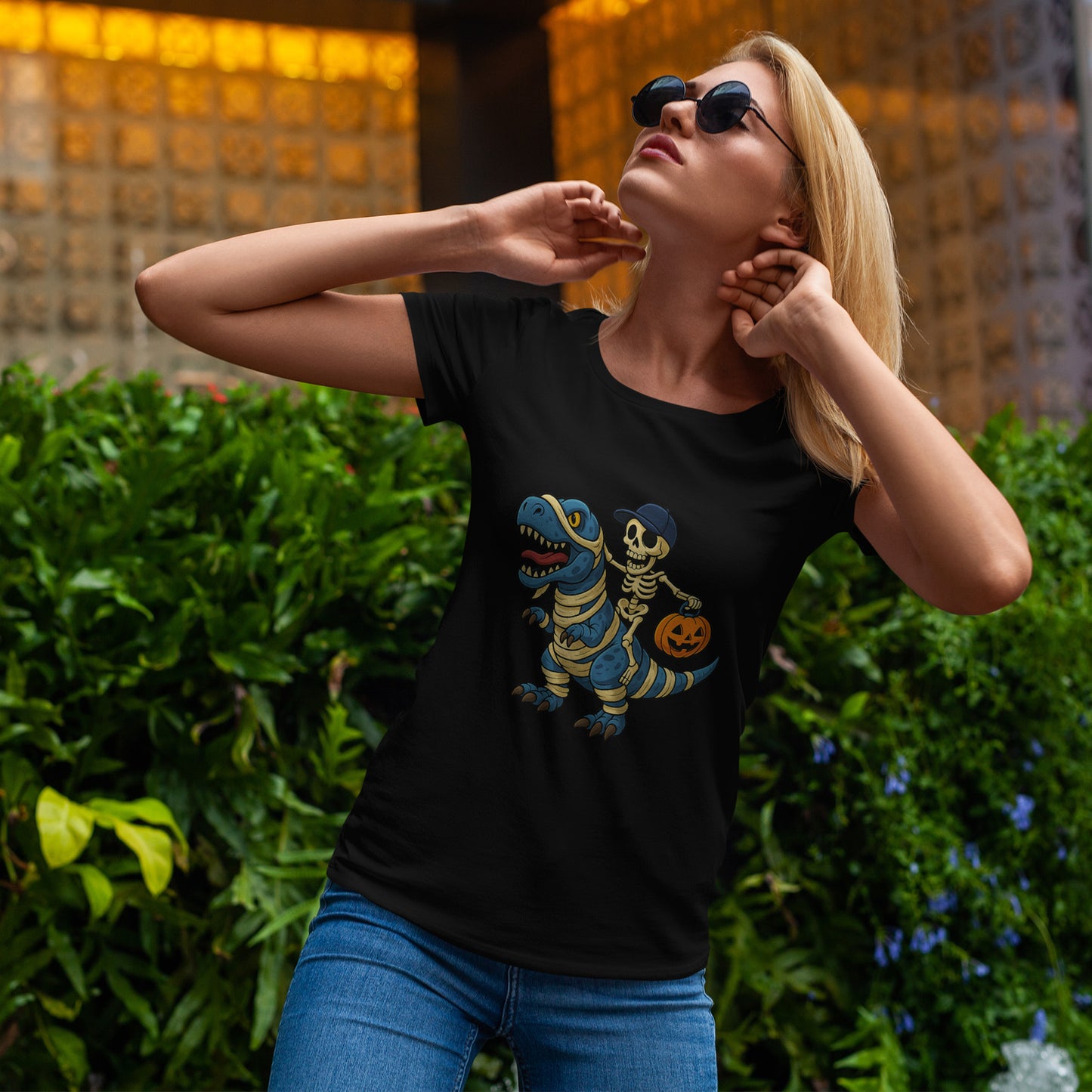 Skeleton Riding T-Rex Halloween T-Shirt - Dinosaur Mummy Wrap Tee