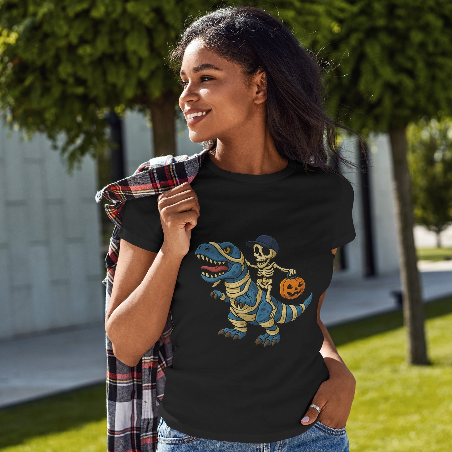 Skeleton Riding T-Rex Halloween T-Shirt - Dinosaur Mummy Wrap Tee