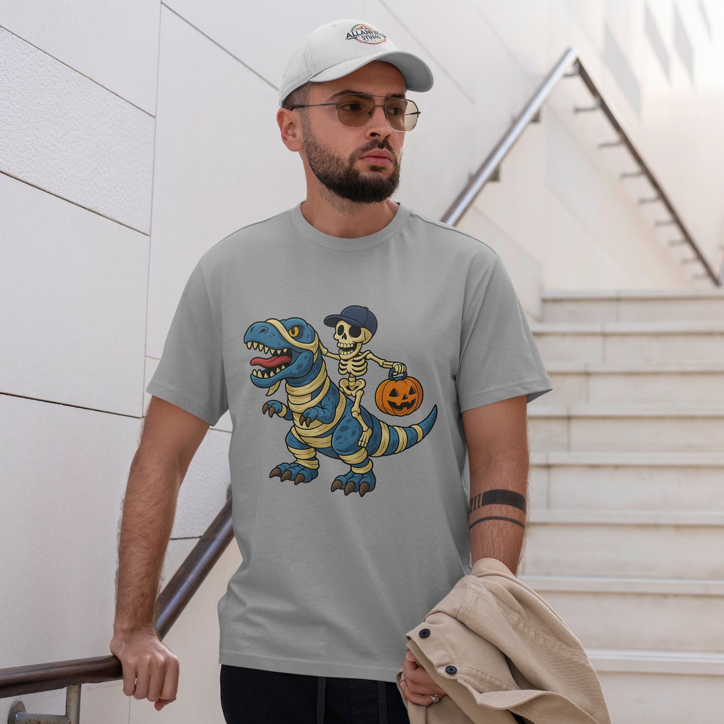 Skeleton Riding T-Rex Halloween T-Shirt - Dinosaur Mummy Wrap Tee