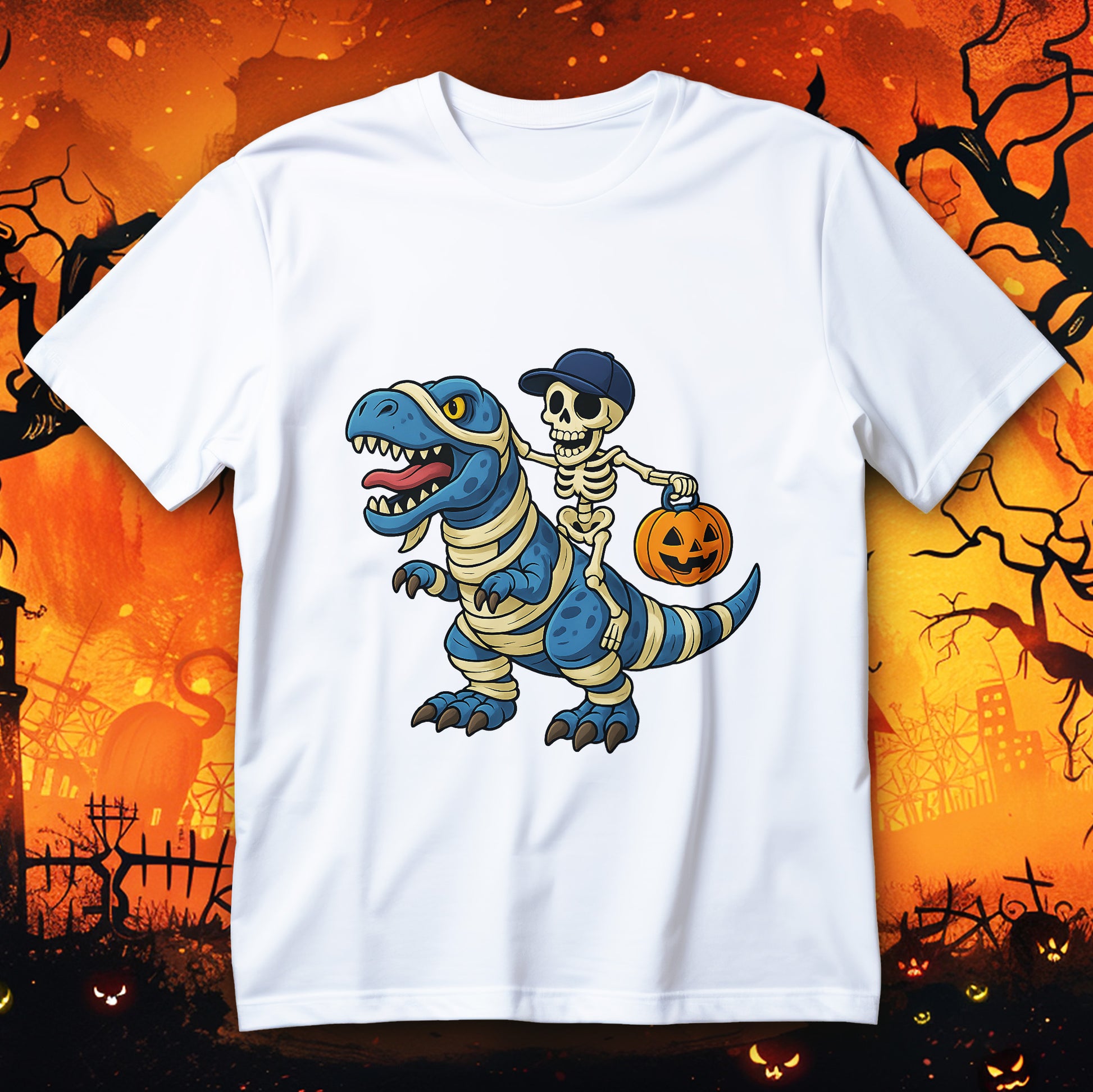 Skeleton riding blue mummy-wrapped T-Rex with pumpkin bucket Halloween T-shirt