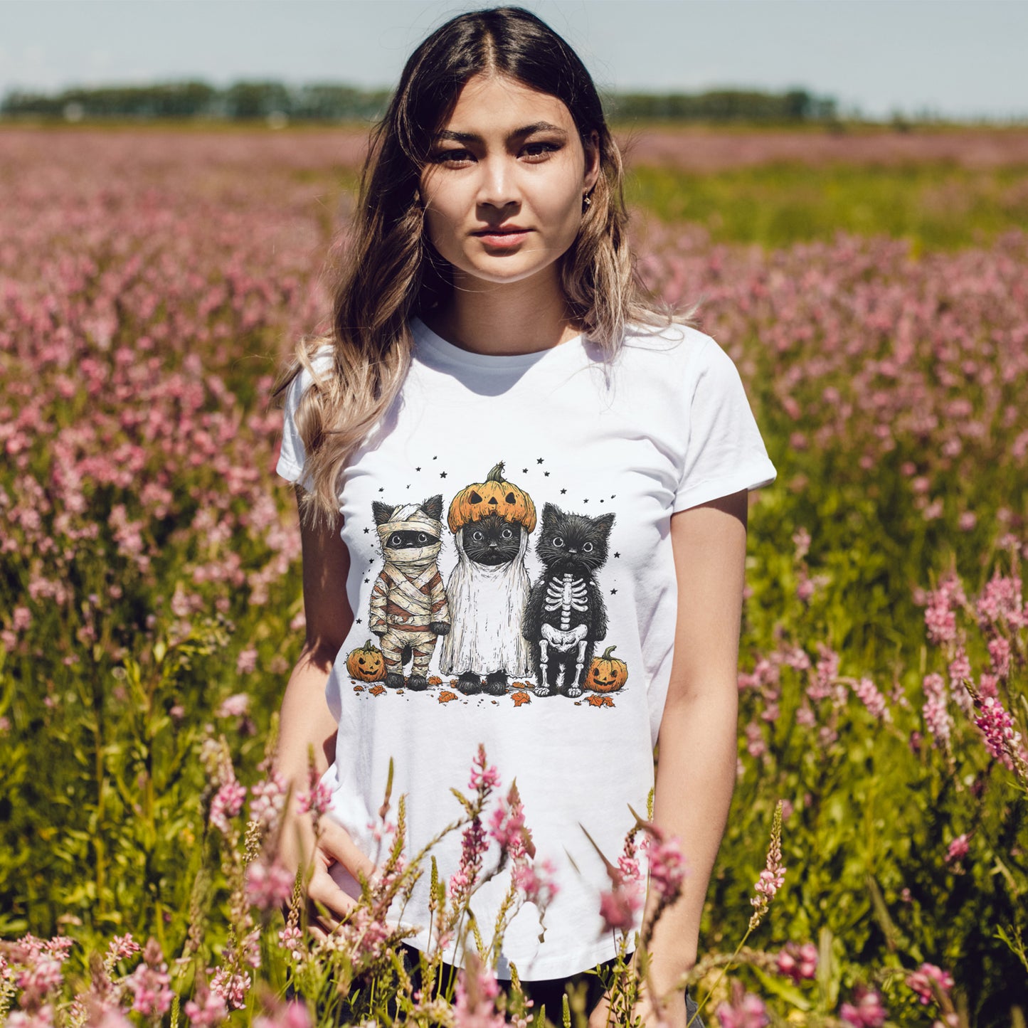 Black Cat Halloween Shirt - Mummy Ghost Skeleton Cats