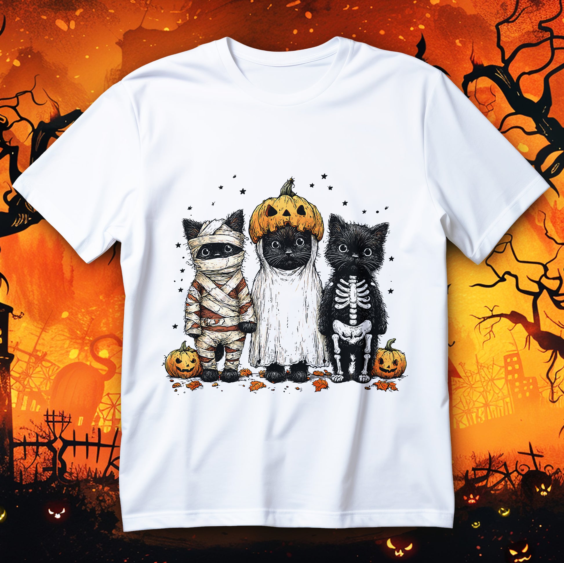 Black Cat Halloween T-Shirt with mummy, ghost and skeleton kittens in spooky-cute style