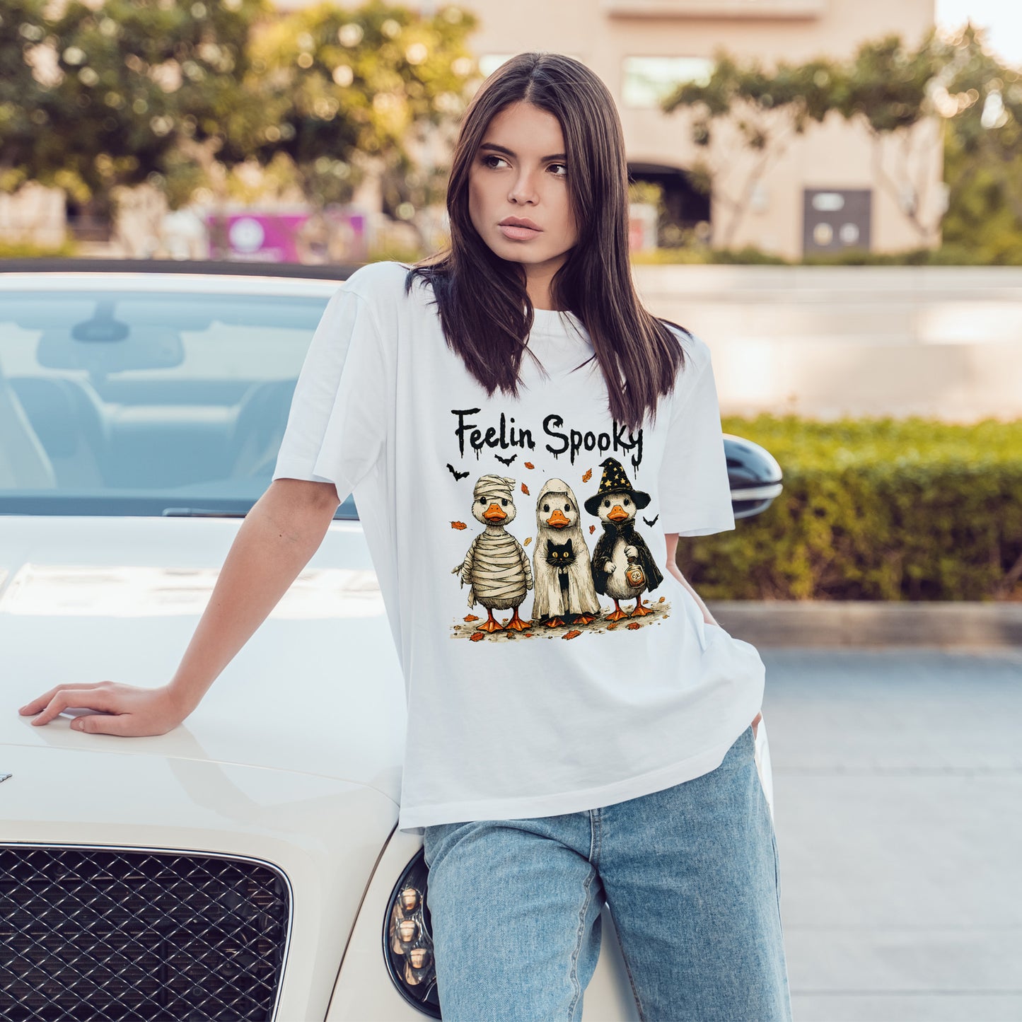 Feelin Spooky Goose Halloween T-Shirt - Cute Ducks in Costumes Tee