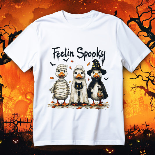 Feelin Spooky Goose Halloween T-Shirt with mummy, ghost and witch geese, black cat