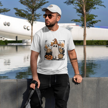 Floral Ghost Cat Pumpkin Halloween T-Shirt - Witch Hat Bow x Jack-O-Lantern