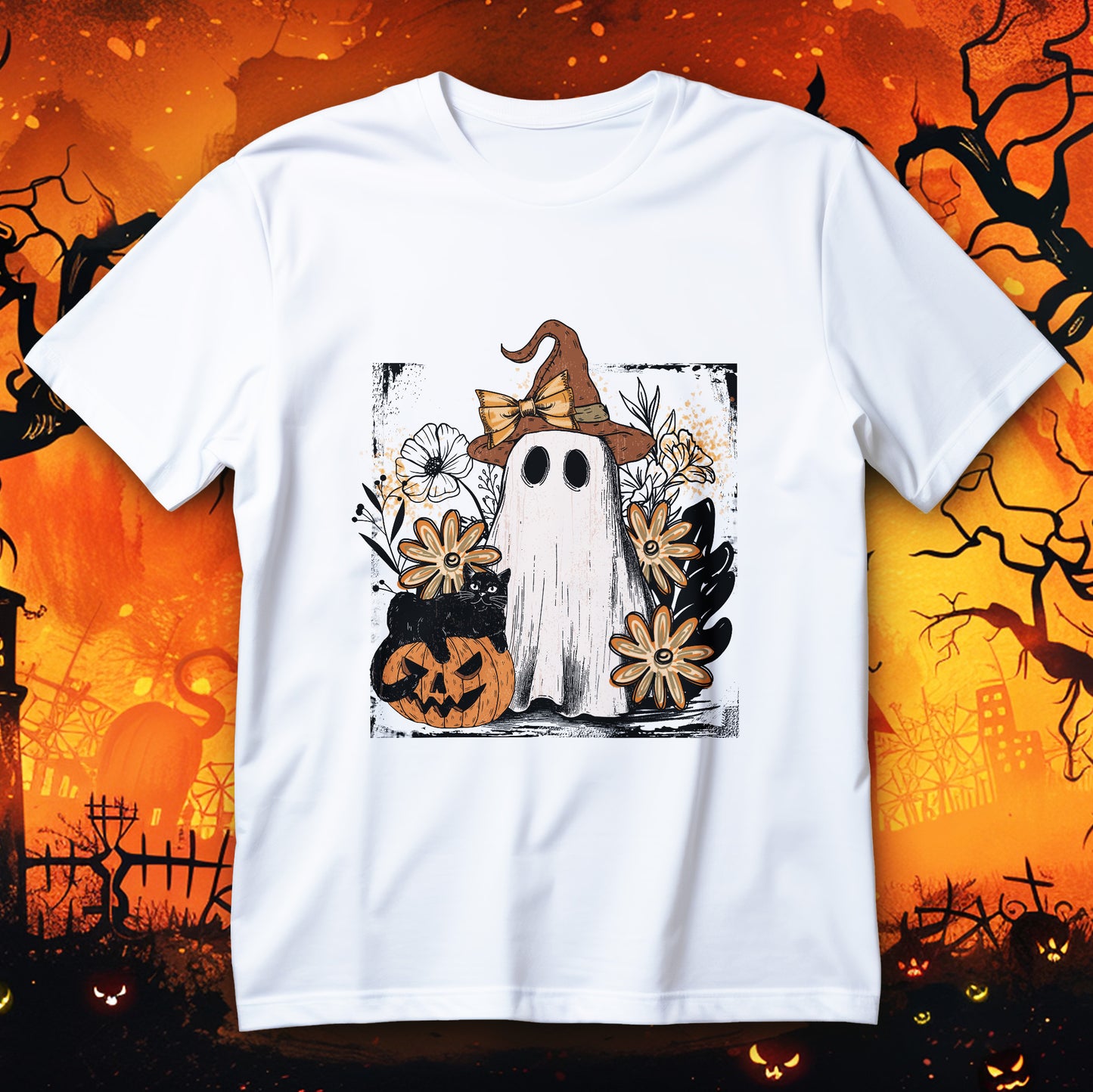 Floral Ghost Cat Pumpkin Halloween T-Shirt with witch-hat ghost, black cat and retro daisies
