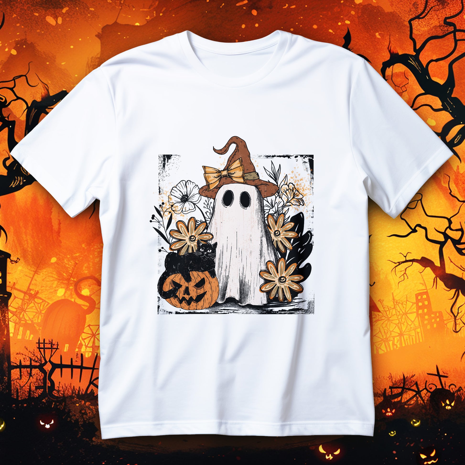 Floral Ghost Cat Pumpkin Halloween T-Shirt with witch-hat ghost, black cat and retro daisies

