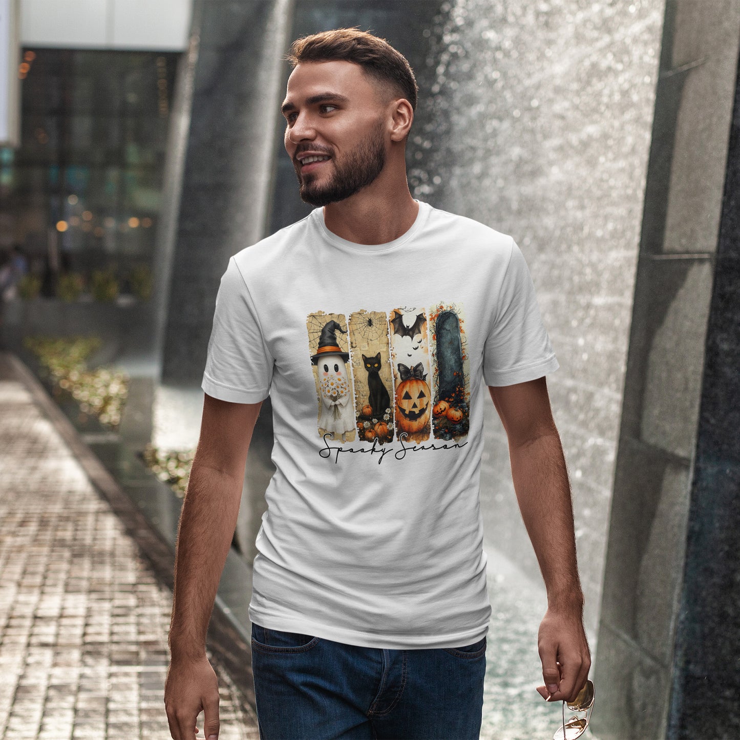 Spooky Season Panels Halloween T-Shirt with Ghost, Black Cat, Jack-O-Lantern & Bats