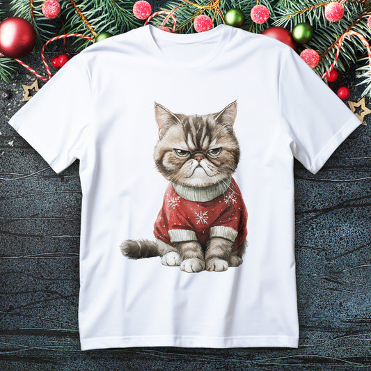 Watercolor grumpy cat in red snowflake sweater on a Christmas T-shirt
