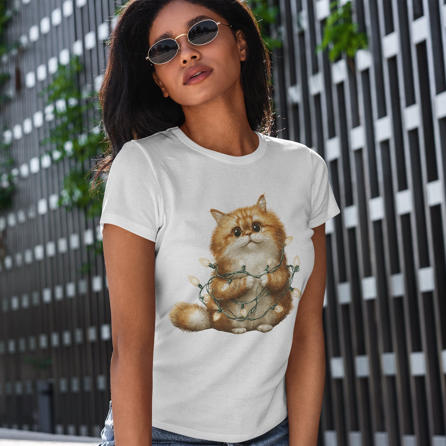 Christmas Lights Cat T-Shirt - Cute Kitty Tangled in Fairy Lights