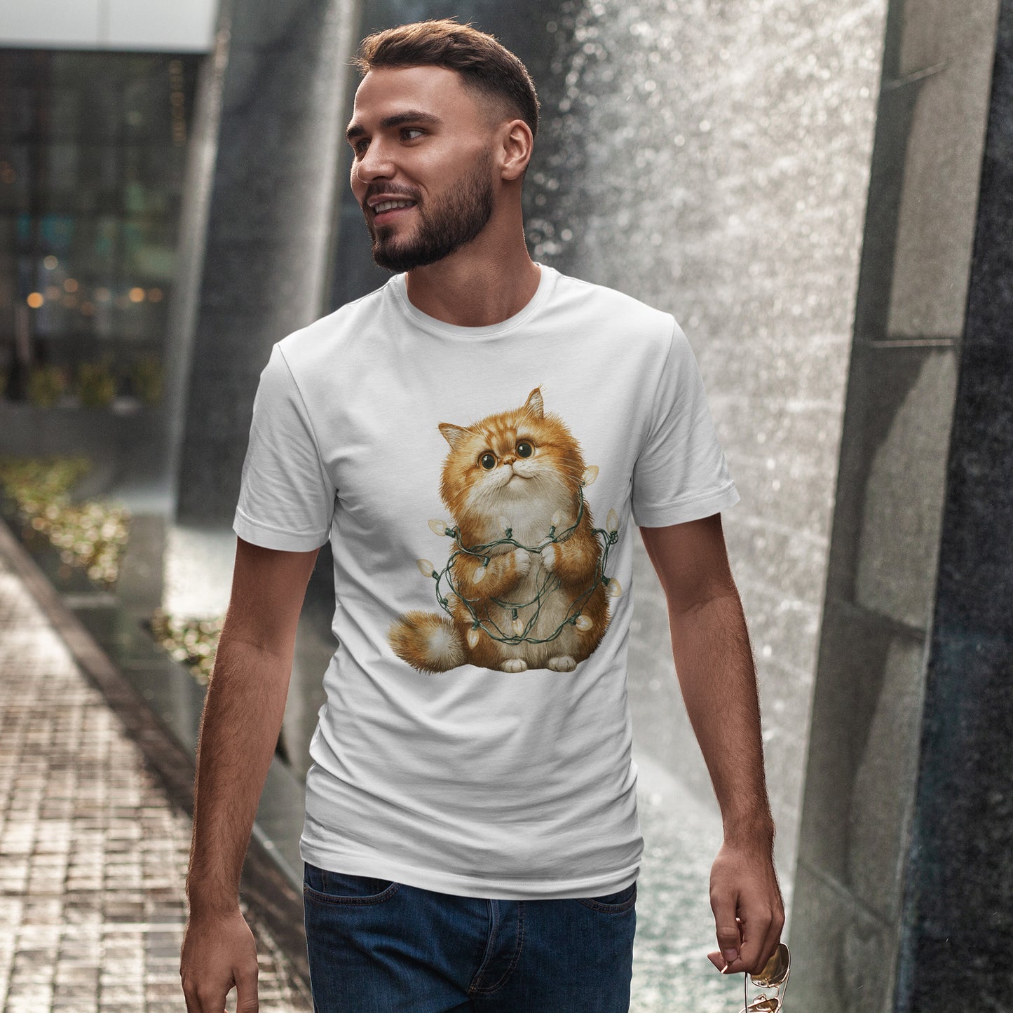 Christmas Lights Cat T-Shirt - Cute Kitty Tangled in Fairy Lights