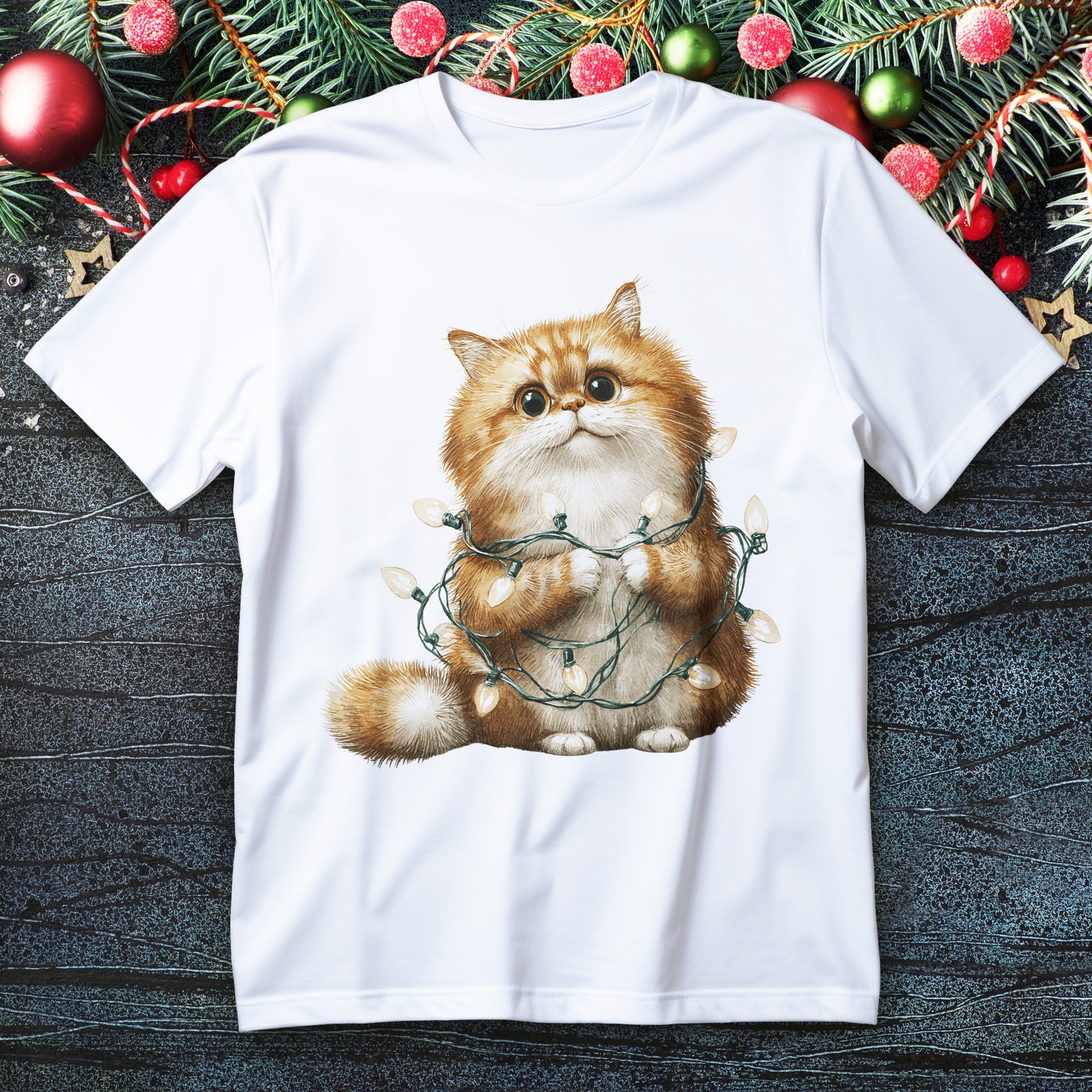Ginger kitten tangled in glowing Christmas lights on a holiday T-shirt