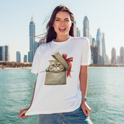 Christmas Gift Box Cat T-Shirt - Kitty in Present Tee