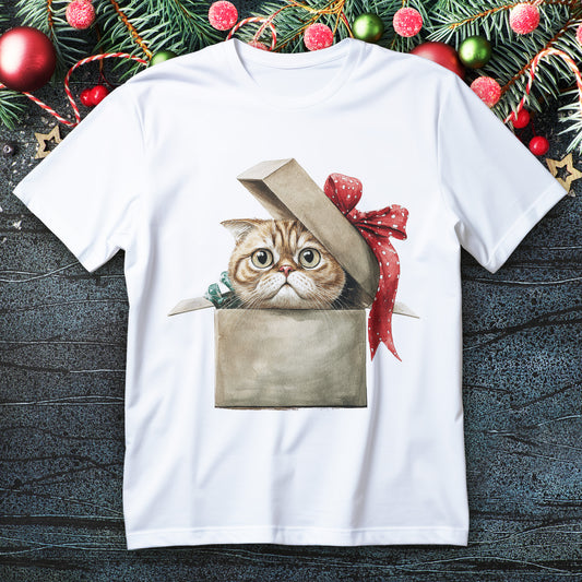 Watercolor ginger cat popping from gift box with red bow on Christmas T-shirt