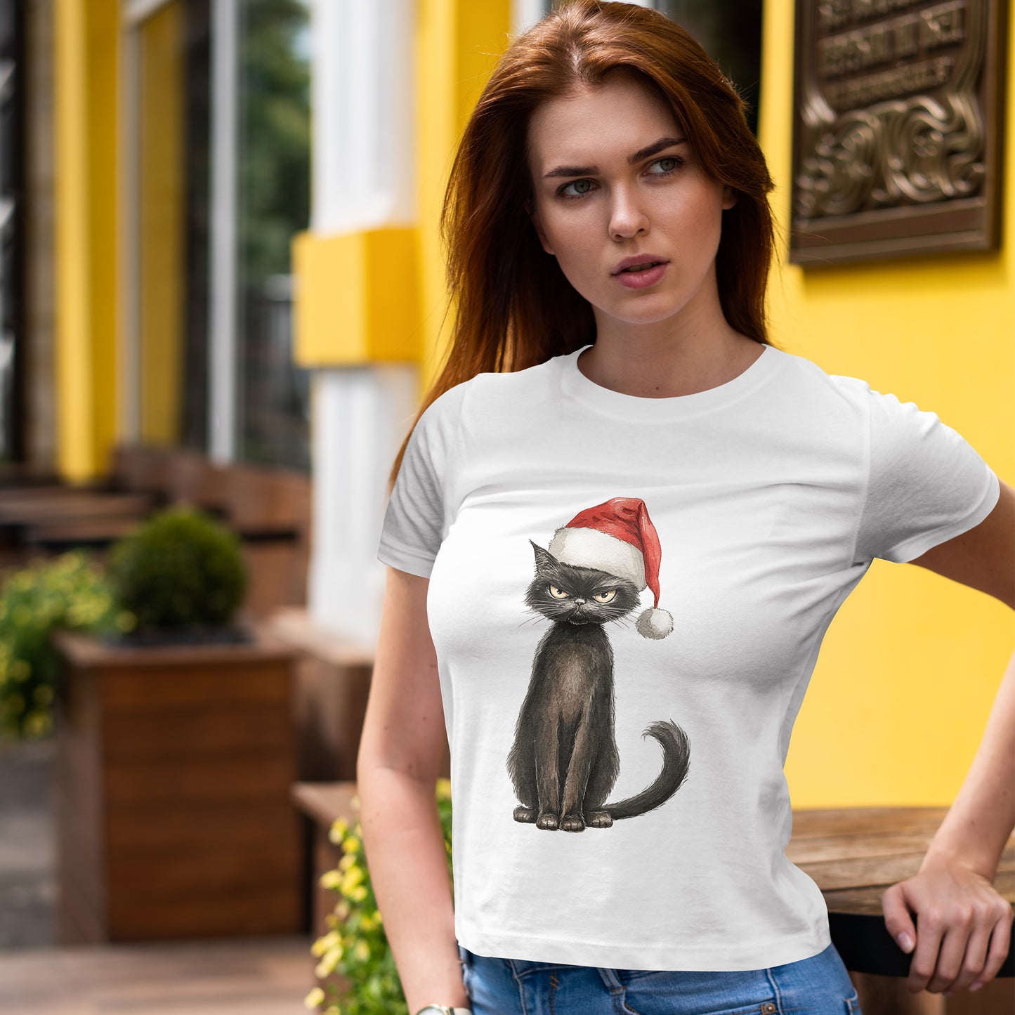 Black Cat Santa Hat Christmas Shirt - Grumpy Holiday Cat Tee