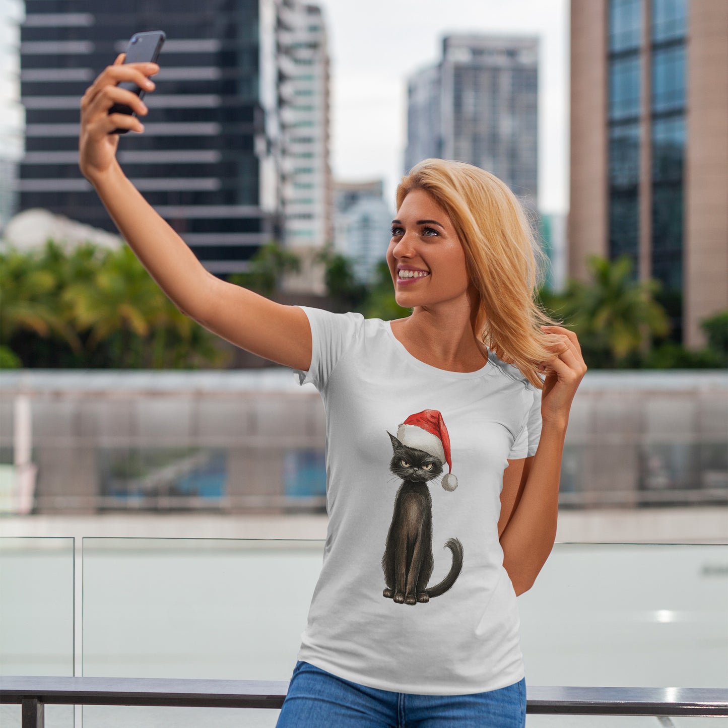 Black Cat Santa Hat Christmas Shirt - Grumpy Holiday Cat Tee